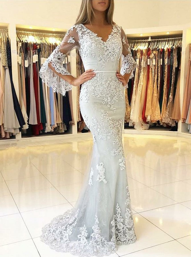 Mermaid V-neck Long Sleeve Lace Prom Evening Dress