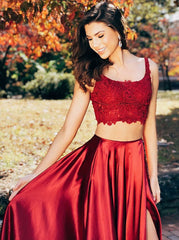 Split Criss Cross Back Two Pieces Burgundy Prom Dress