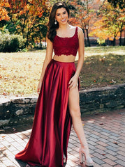Split Criss Cross Back Two Pieces Burgundy Prom Dress