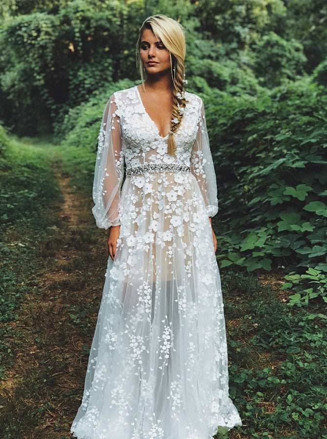 Beading Long Sleeves V-neck White Lace Prom Evening Dress