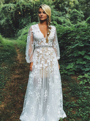 Beading Long Sleeves V-neck White Lace Prom Evening Dress