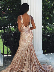 Rose Gold Backless Mermaid V-neck Sequined Prom Dress