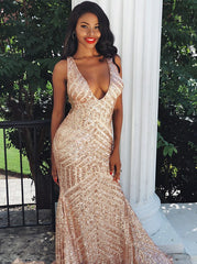 Rose Gold Backless Mermaid V-neck Sequined Prom Dress