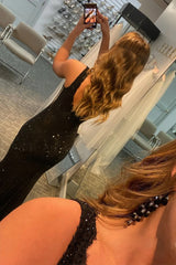 Sparkle Rhinestone Black Mesh V Neck Mermaid Prom Dress