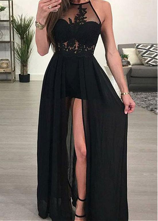 See Through Chiffon Halter Black A-line Evening Dress