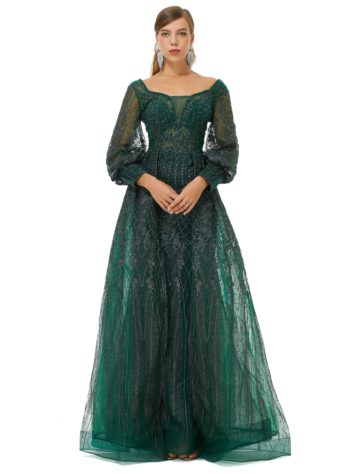 Dark Green Sequin Long Sleeve Formal Prom Dress