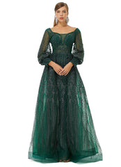 Dark Green Sequin Long Sleeve Formal Prom Dress