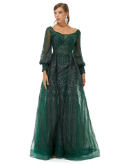 Dark Green Sequin Long Sleeve Formal Prom Dress