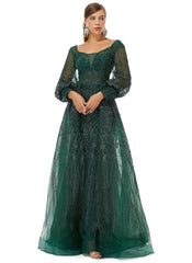 Dark Green Sequin Long Sleeve Formal Prom Dress
