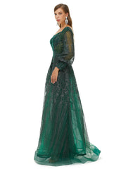 Dark Green Sequin Long Sleeve Formal Prom Dress