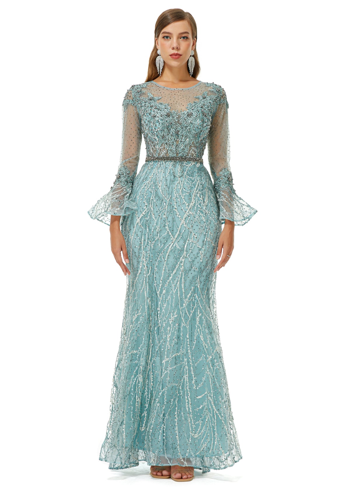 Luxury Mint Long Sleeve Sheath Column Beading Prom Dress