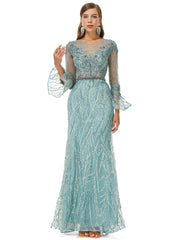 Luxury Mint Long Sleeve Sheath Column Beading Prom Dress