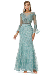 Luxury Mint Long Sleeve Sheath Column Beading Prom Dress