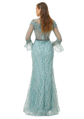 Luxury Mint Long Sleeve Sheath Column Beading Prom Dress