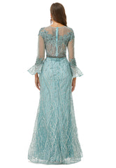 Luxury Mint Long Sleeve Sheath Column Beading Prom Dress