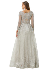 Silver V Neck Long Sleeve Beading Prom Formal Dress