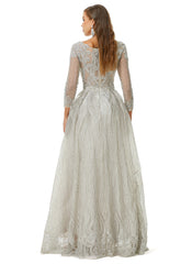 Silver V Neck Long Sleeve Beading Prom Formal Dress