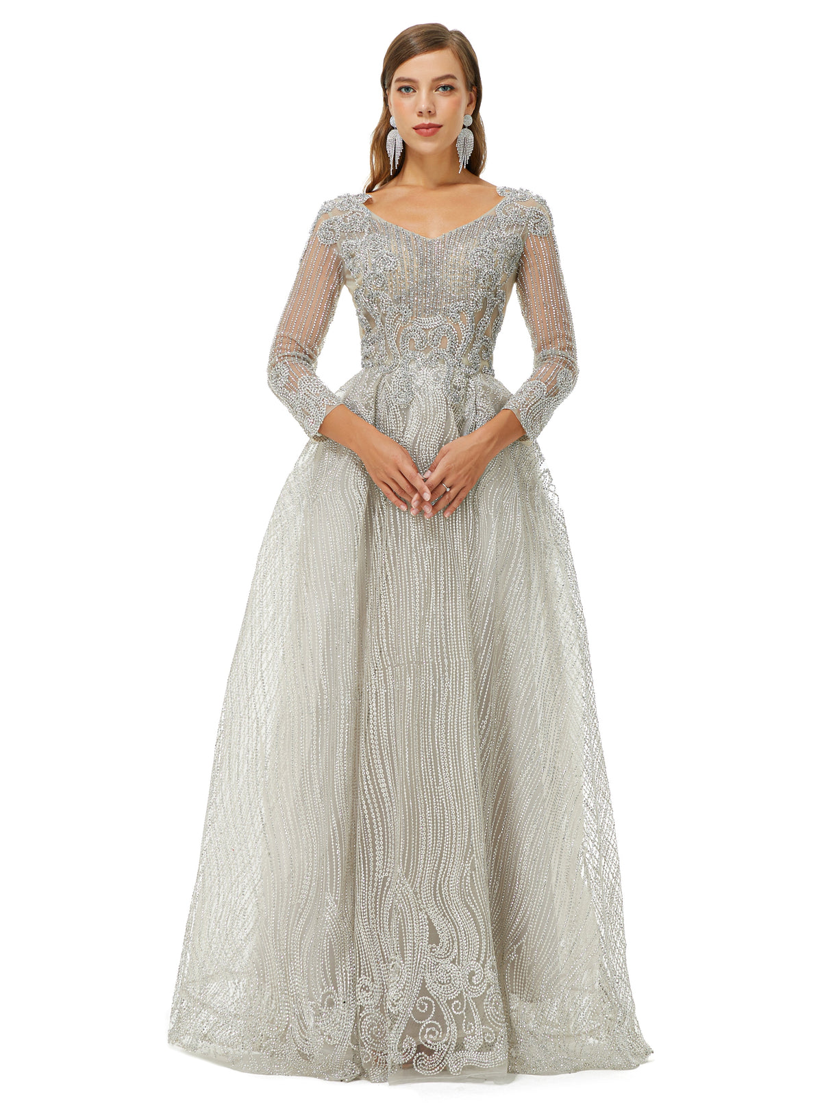Silver V Neck Long Sleeve Beading Prom Formal Dress