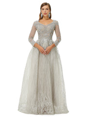 Silver V Neck Long Sleeve Beading Prom Formal Dress