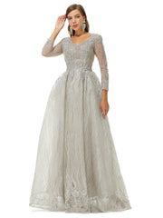 Silver V Neck Long Sleeve Beading Prom Formal Dress