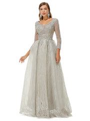 Silver V Neck Long Sleeve Beading Prom Formal Dress
