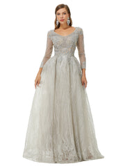Silver V Neck Long Sleeve Beading Prom Formal Dress