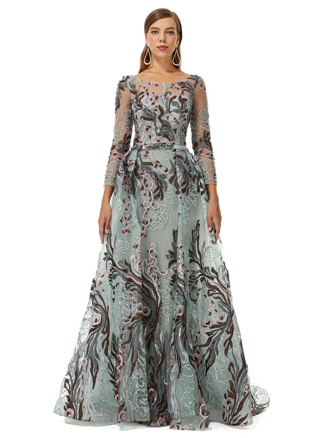 Long Sleeve Green Appliques Beading Prom Dress