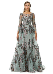 Long Sleeve Green Appliques Beading Prom Dress