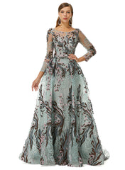 Long Sleeve Green Appliques Beading Prom Dress