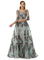 Long Sleeve Green Appliques Beading Prom Dress