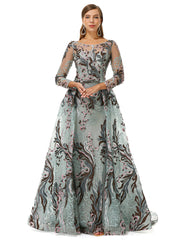 Long Sleeve Green Appliques Beading Prom Dress