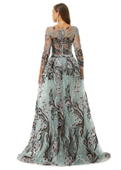 Long Sleeve Green Appliques Beading Prom Dress