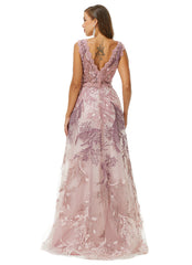 Purple Tulle Appliques Beading V Neck Prom Formal Dress