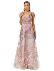 Purple Tulle Appliques Beading V Neck Prom Formal Dress
