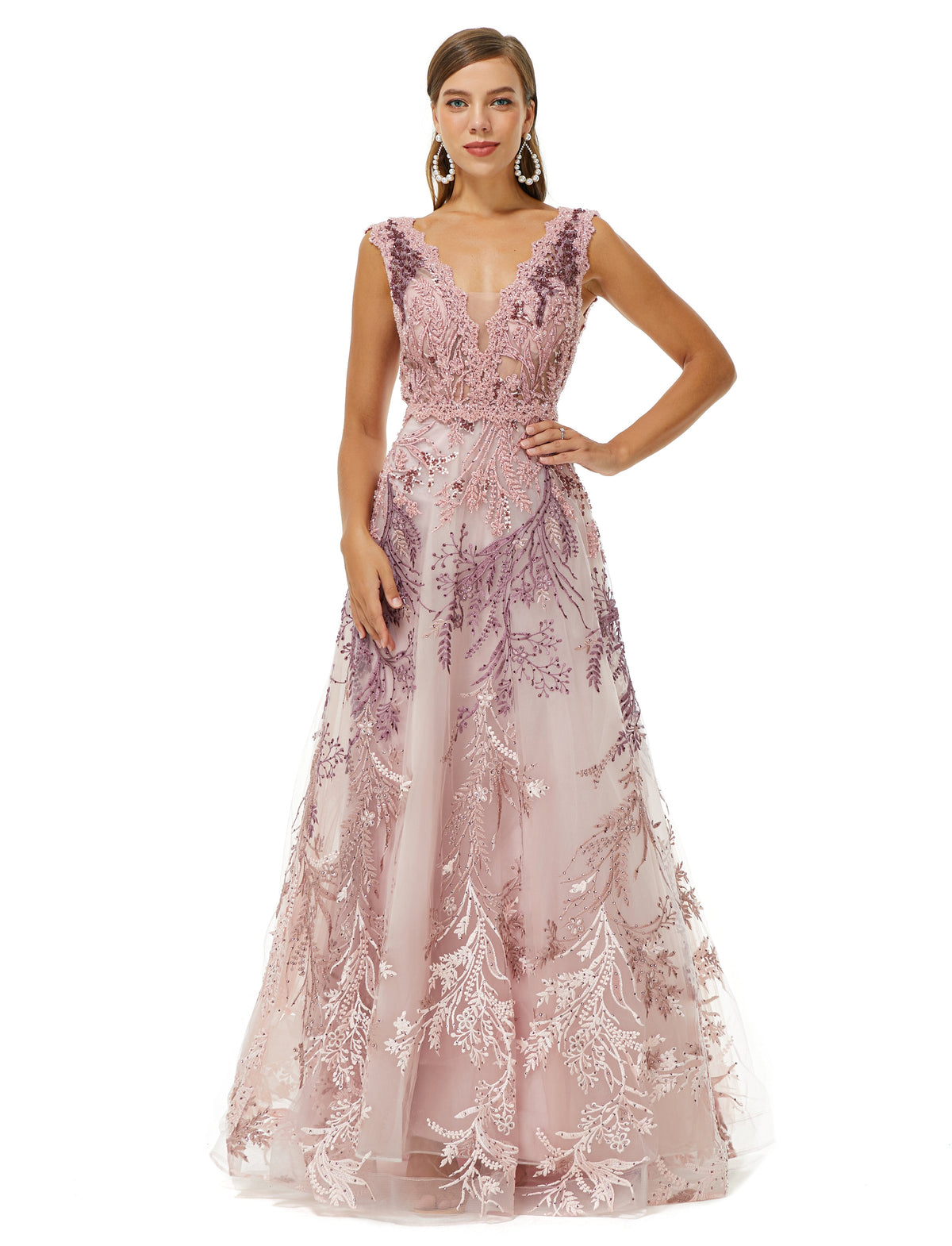Purple Tulle Appliques Beading V Neck Prom Formal Dress