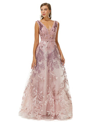 Purple Tulle Appliques Beading V Neck Prom Formal Dress