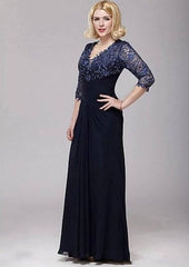 Navy Blue Mother Of The Bride Dresses A-line V-neck 3/4 Sleeves Chiffon Lace Beaded Groom Long Mother Dresses For Wedding - RongMoon