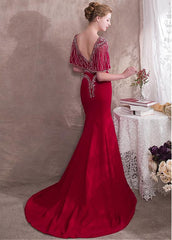 Satin V-neck Burgundy Mermaid Evening Dress With Beadings