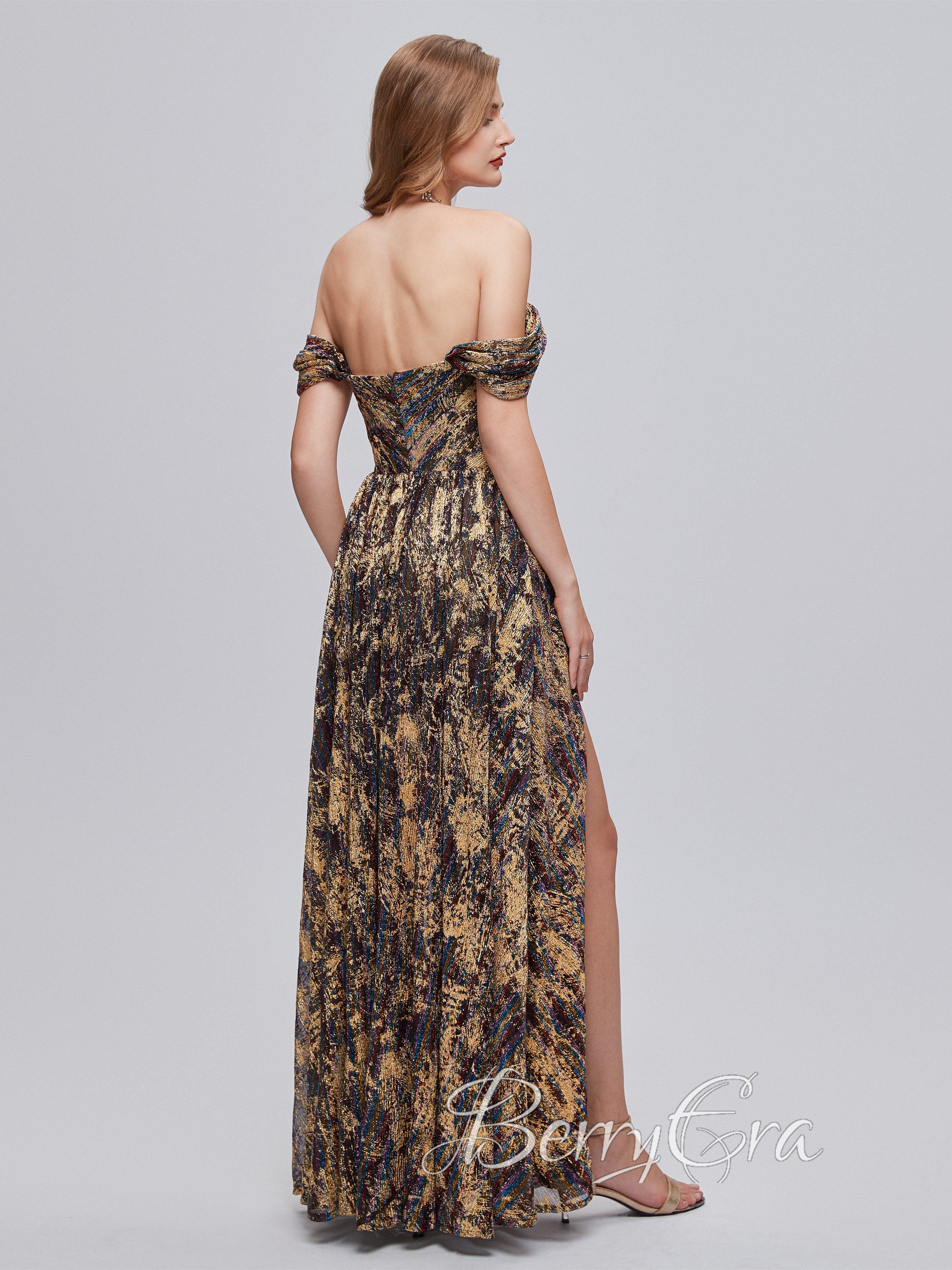 Off the Shouler A-line Printed Chiffon Prom Dresses, High Slit Prom Dresses, Newest 2023 Prom Dress, Bridesmaid Dresses - RongMoon