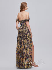 Off the Shouler A-line Printed Chiffon Prom Dresses, High Slit Prom Dresses, Newest 2023 Prom Dress, Bridesmaid Dresses - RongMoon