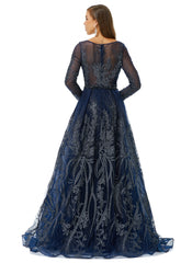 Dark Navy Long Sleeve Luxury Beading Prom Dress