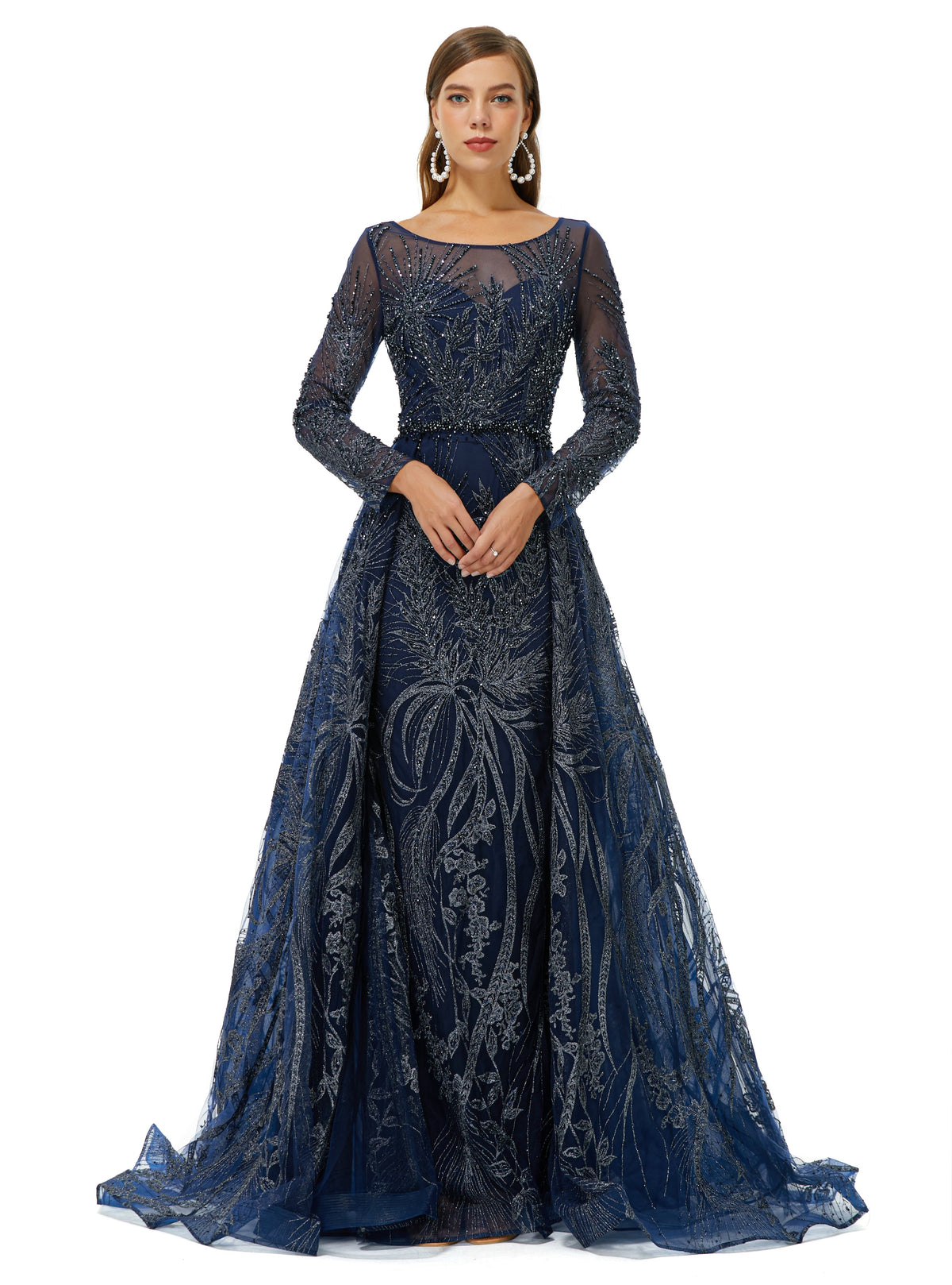 Dark Navy Long Sleeve Luxury Beading Prom Dress