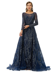 Dark Navy Long Sleeve Luxury Beading Prom Dress