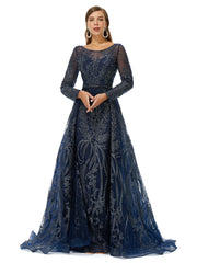 Dark Navy Long Sleeve Luxury Beading Prom Dress