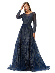 Dark Navy Long Sleeve Luxury Beading Prom Dress