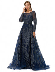 Dark Navy Long Sleeve Luxury Beading Prom Dress