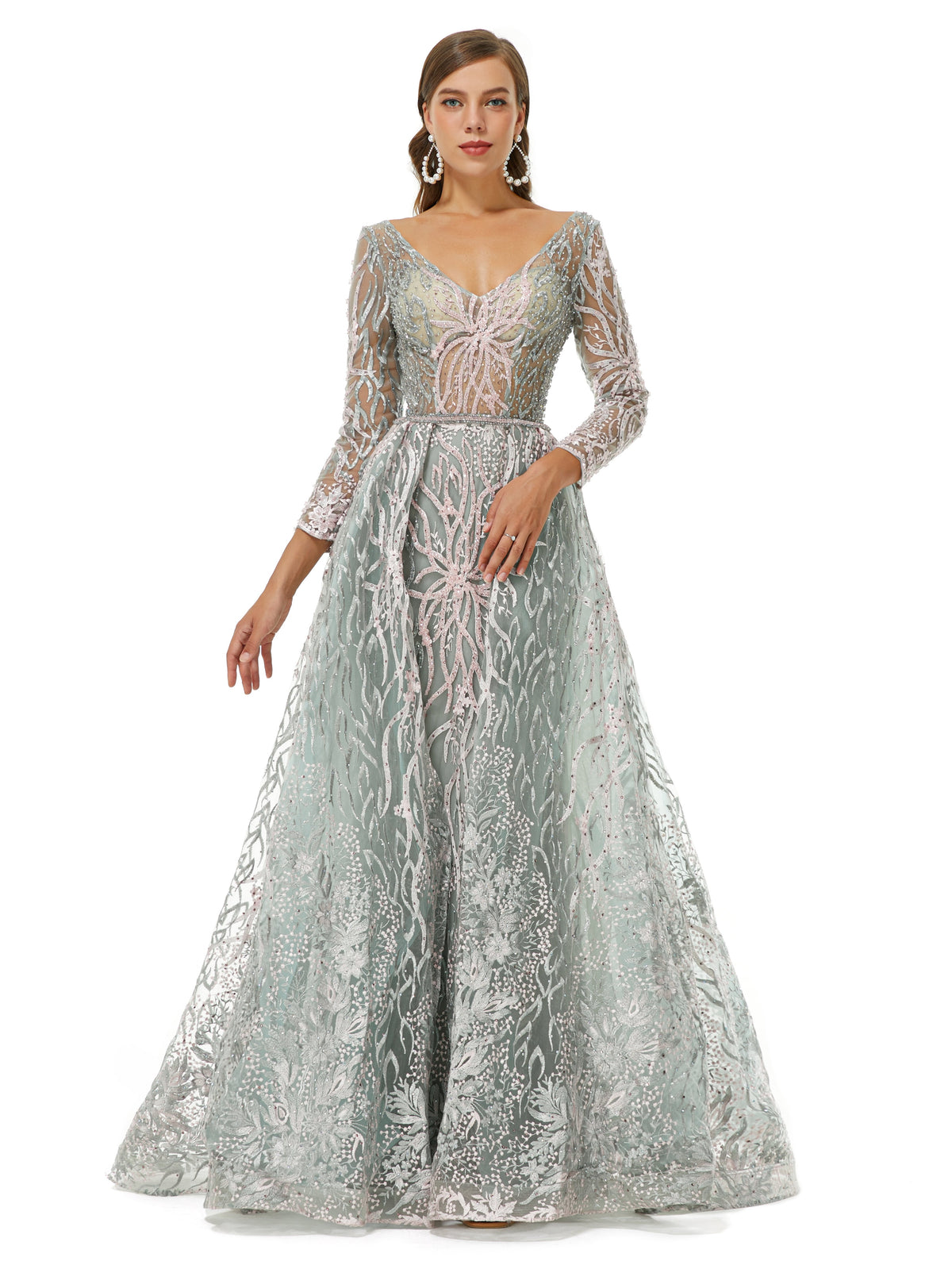 Silver V Neck Long Sleeve A Ling Prom Formal Dress