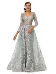 Silver V Neck Long Sleeve A Ling Prom Formal Dress
