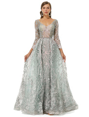 Silver V Neck Long Sleeve A Ling Prom Formal Dress