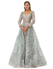 Silver V Neck Long Sleeve A Ling Prom Formal Dress